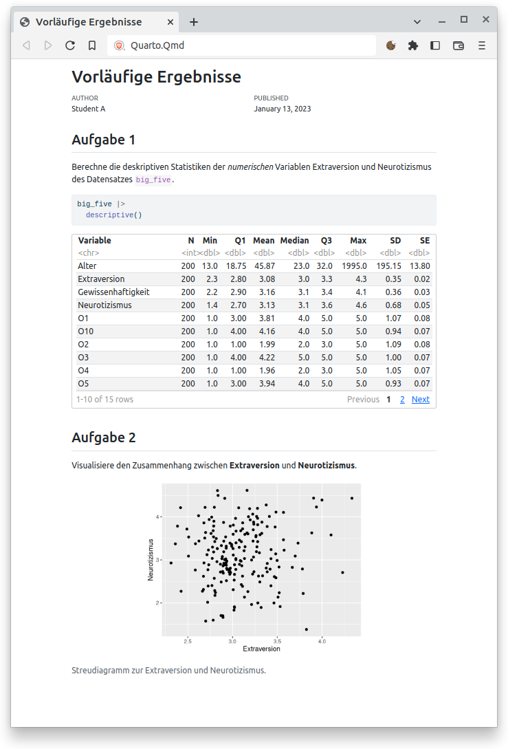 Umwandlung der Quarto Datei in HTML, PDF oder Word.